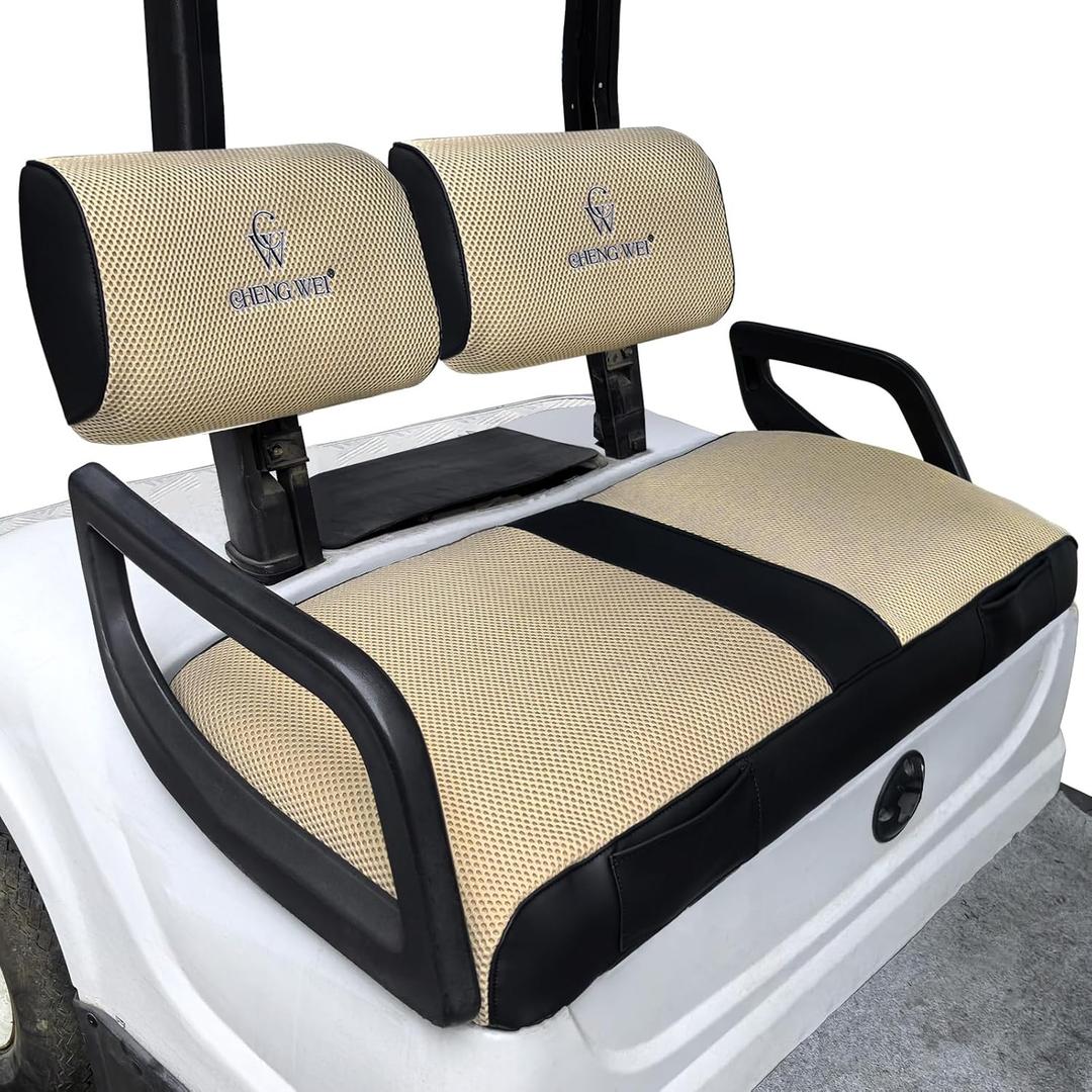 Golf Cart Seat Covers for Yamaha G22 G19 G16 G9 G2 Front Standard Seat Cushion,Cooling Mesh and Vinyl Leather Yamaha Seat Covers with Pockets,No Stapler Needed Replacement Front Seat Cover, (Beige)