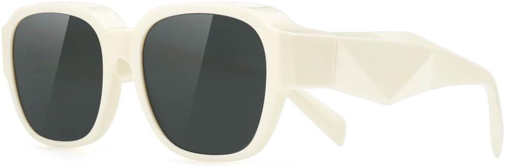 Meeloog Polarized Small Fit Over Glasses Sunglasses for Women, Vintage Retro Rectangle Covers Shades UV Protection MST0064 (P1 White Frame/Dark Grey Lens)