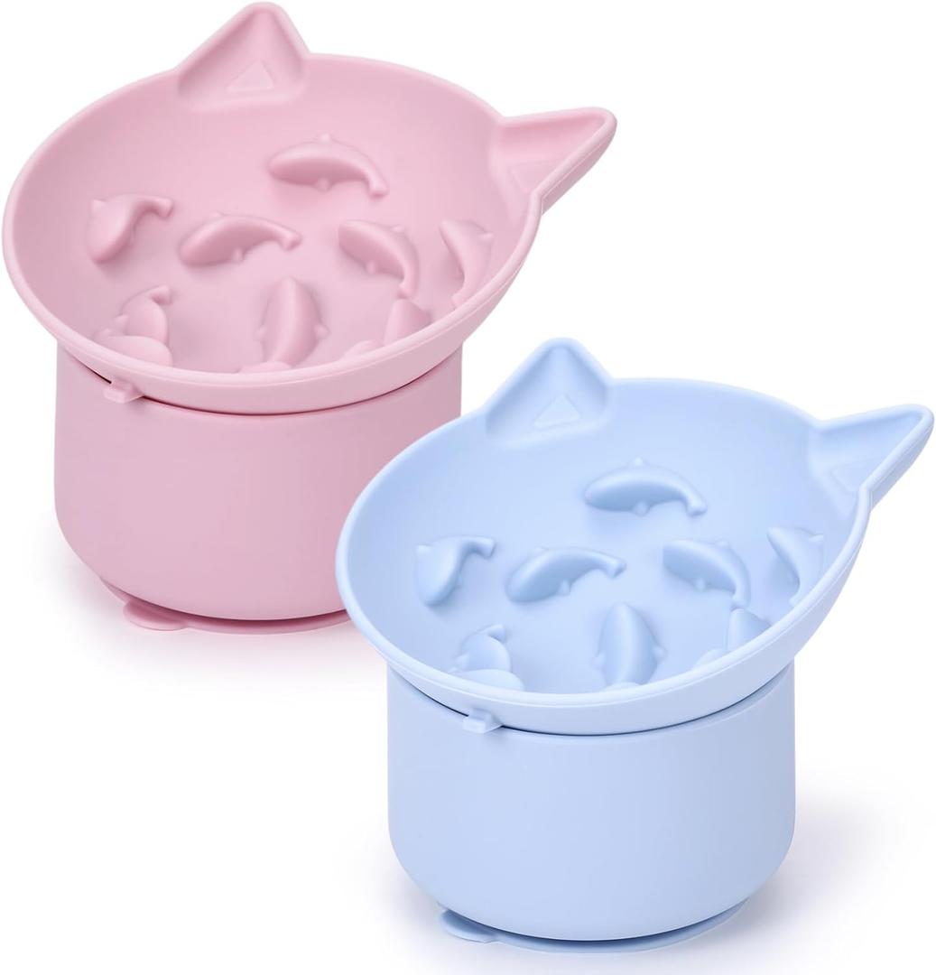 Funnymoom 2 Pack Silicone Cat Slow Feeder, Elevated Slow Feeder Cat Bowl for Dry and Wet Food, Tilted Design with Non Slip Base, Adjustable Angle for Pet (Pink and Blue)