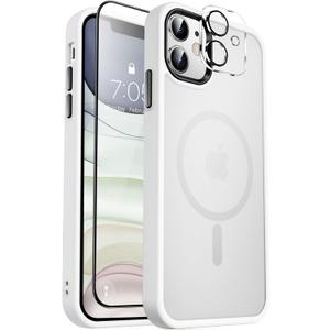 MOCCA Strong Magnetic for iPhone 11 Case,[Compatible with Magsafe][Glass Screen Protector+Camera Lens Protector] Slim Thin Shockproof Cover Case for iPhone 11 6.1 inch, Frosted White