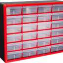 Akro-Mils 24-Drawer Plastic Drawer Storage Cabinet for Garage Organization, Bead Organizer, Building Bricks Storage, Teacher Toolbox, Makeup Organizer, 20" W x 6" D x 16" H, 10124 Red