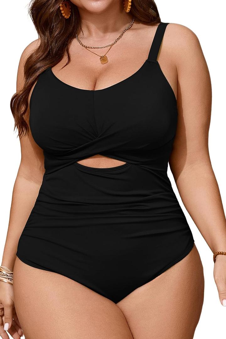 Women's Plus Size One Piece Swimsuit Bathing Suit Tummy Control Cutout Twist Front Push Up Ruched Swim Suit Swimwear (2X, Black)
