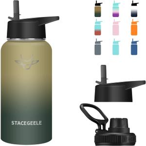 2 x STACEGEELE Insulated Vacuum Water Bottle with Spout Lid & Screw on Top | Stainless Steel Flask for Kids Leak Proof Lightweight Eco Friendly 18oz / 24oz / 32 oz / 40oz(32oz Nightfall)