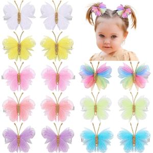 Oaoleer 16PCS Mini Butterfly Hair Clips, 2" Tulle Mesh Hair Bow Pins Colorful Butterfly Hair Barrettes Wedding Hair Accessories for Baby Girls
