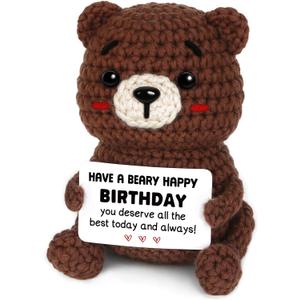 Birthday Gifts for Women Men, Positive Handmade Crochet Bear Decor, Happy Birthday Gifts for Mom Dad Friend Her Him, Cute Keepsake Desk Decor