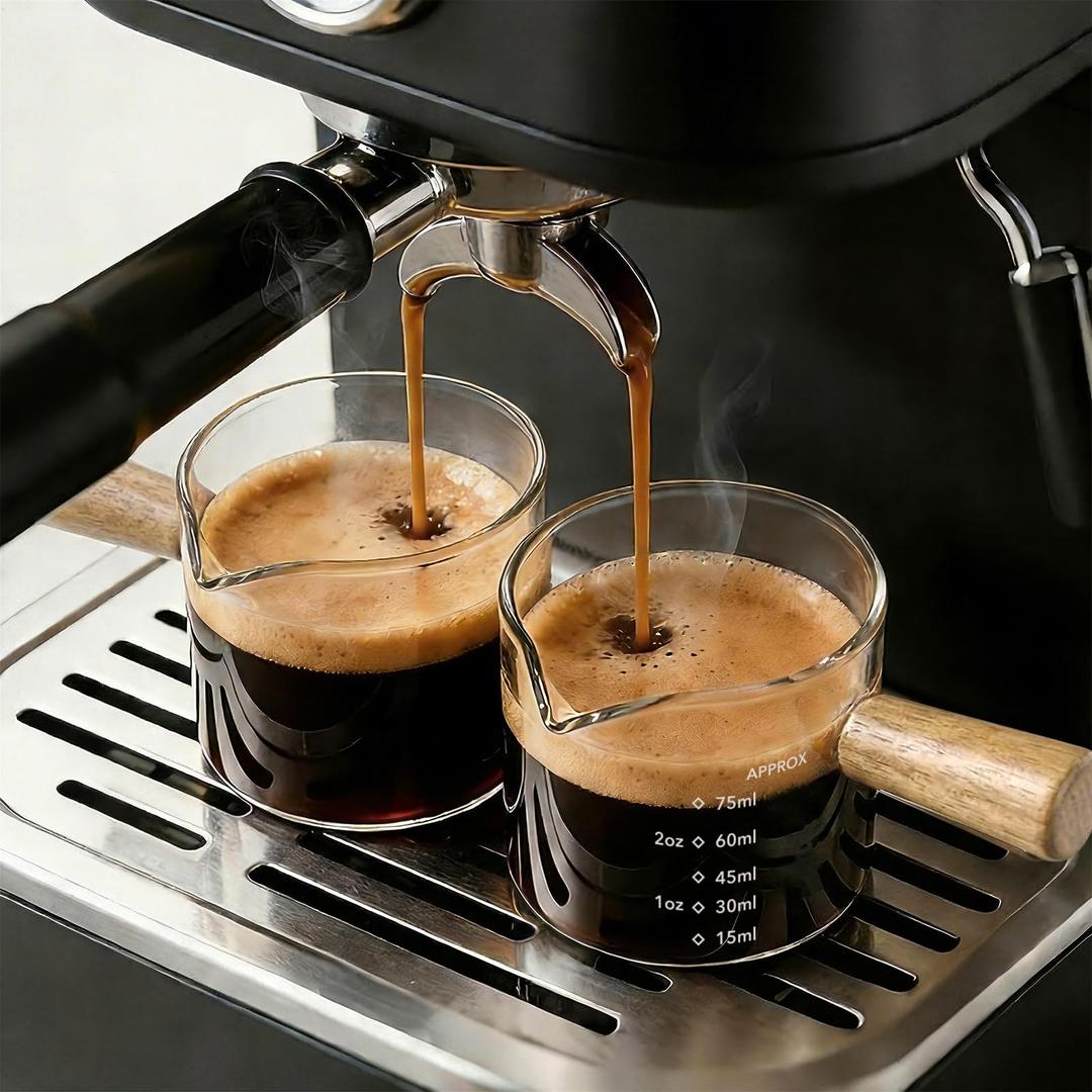 YARRAMATE 2.5 oz/75ML Espresso Shots Cup with Wood Handle (2 Pack), Clear Glass Espresso Measuring Cup, Espresso Shot Glass with Single Spout and Scale, Dishwasher Safe,  3.4 oz (100 ml) (Single Spout)
