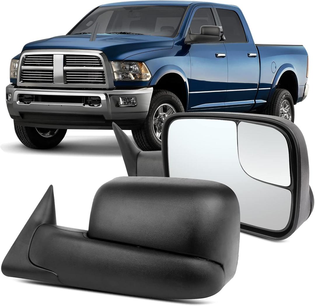OCPTY Manual Towing Mirror Fit For Dodge Ram 1500 1994-2001 For Dodge Ram 2500 1994-2002 For Dodge Ram 3500 1994-2002 Pickup Tow Mirror Manual Black Textured Passenger Side