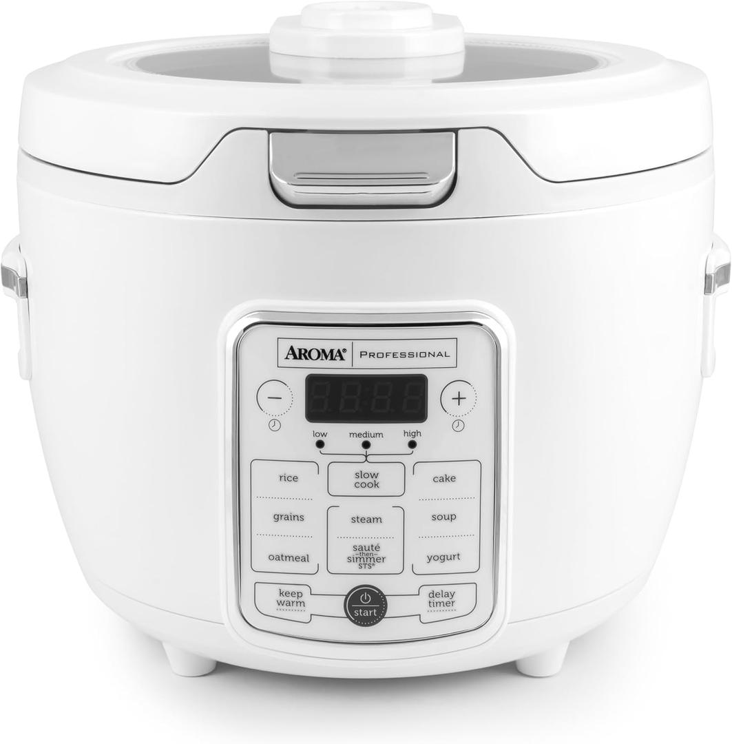 AROMA Professional Digital Rice Cooker, 10-Cup (Uncooked) / 20-Cup (Cooked), Slow Cooker, Multicooker, Steamer, Oatmeal Cooker, Auto Keep Warm, Saut-then-Simmer, 4 Qt, White, ARC-1230W