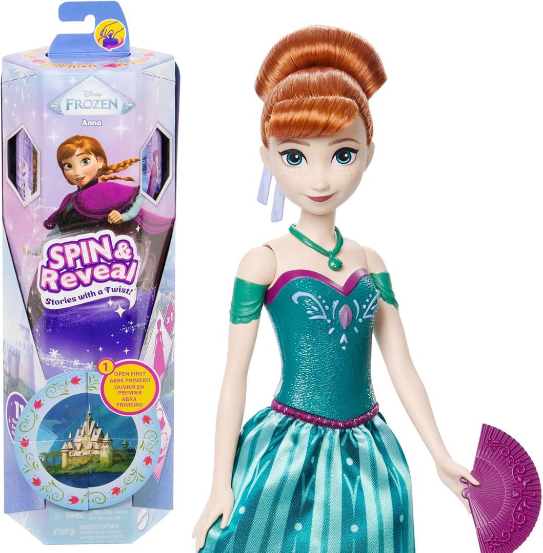 Mattel Disney Frozen Anna Fashion Doll Set, Spin & Reveal with 11 Surprises Including 5 Accessories, 5 Stickers & Play Scene, Inspired by Disney Movie