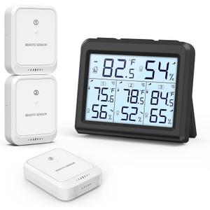 ORIA Indoor Outdoor Thermometer, Digital Hygrometer Thermometer with 3 Wireless Sensors, Temperature Humidity Monitor Meter with LCD Backlight, for Home, Office, Bedroom, Black