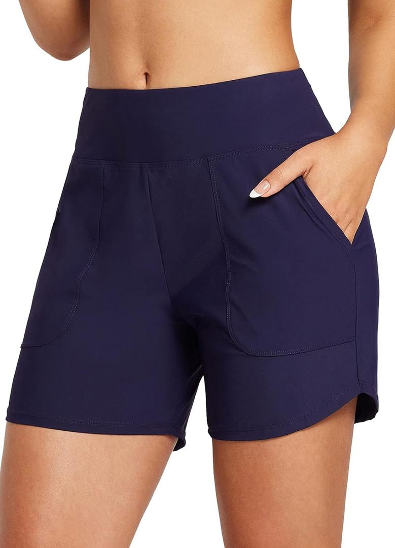 baleaf Women's 3"/5"/7"/9" High Waisted Swim Board Shorts Quick Dry Swimsuits Bottoms Trunks with Pockets (Large, Dark Blue)