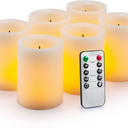 Flameless Flickering LED Candles 3" X 4" with 10-Key Remote Control Timer Classic Pillar Optical Fiber Wick Real Wax Battery Operated Candles, Ivory Color, Set of 6