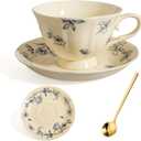 BOGZH Porcelain Vintage Tea Cup and Saucer Set for 1, 8 oz China Ceramic Coffee Mug with Gold Spoon, Small Latte Art Cappuccino Cup, Cream Blue Floral Design, tea party gifts for women