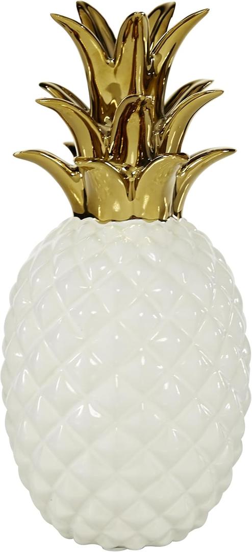 CosmoLiving by Cosmopolitan Porcelain Ceramic Fruit Decorative Sculpture Pineapple Home Decor Statue with Gold Leaves, Accent Figurine 4" x 4" x 10", White