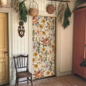 LiveInUrban Self Adhesive Vintage Boho Texture Effect Door Mural, Peel and Stick Vinyl Door Decals Sticker for Bedroom Living Room Kitchen Home Decor, Retro Flower, 15.19"X78.74"X2PCS