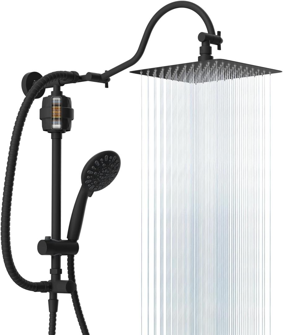 Hibbent Metal 10'' Filtered Rainfall Shower Head Combo for Easy Reach, High Pressure Shower Head System, Handheld Showerhead, Adjustable Holder, 18'' Extension Arm, Shower Filter, 7-spray, Matte Black