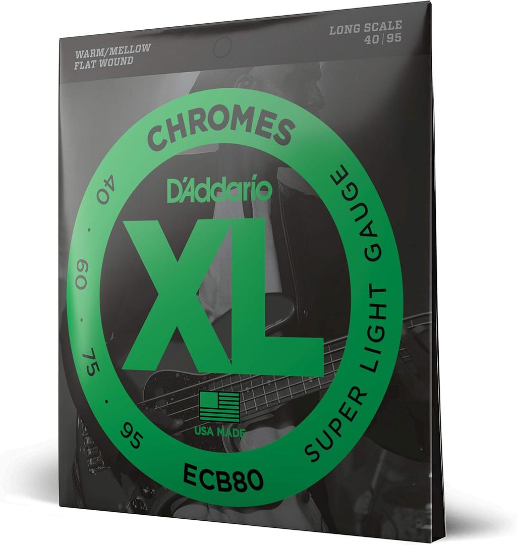 D'Addario XL Chromes Flat Wound Bass Guitar Strings - ECB80 - Long Scale - Super Light, 40-95