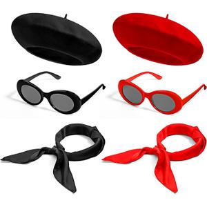 6 Pieces Women Men French Themed Party Couple Costume Accessories Set French Beret Hat Retro Oval Sunglasses and Silk Square Neck Scarf