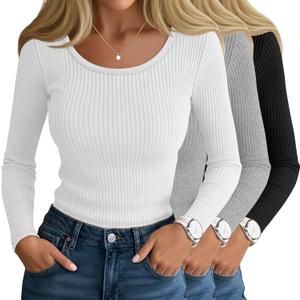 Ficerd 3 Pack Women's Ribbed Long Sleeve Tops Scoop Neck Slim Fit Shirts Cotton Casual Fall Going Out Basic Tee(White, Light Gray, Black, Small)