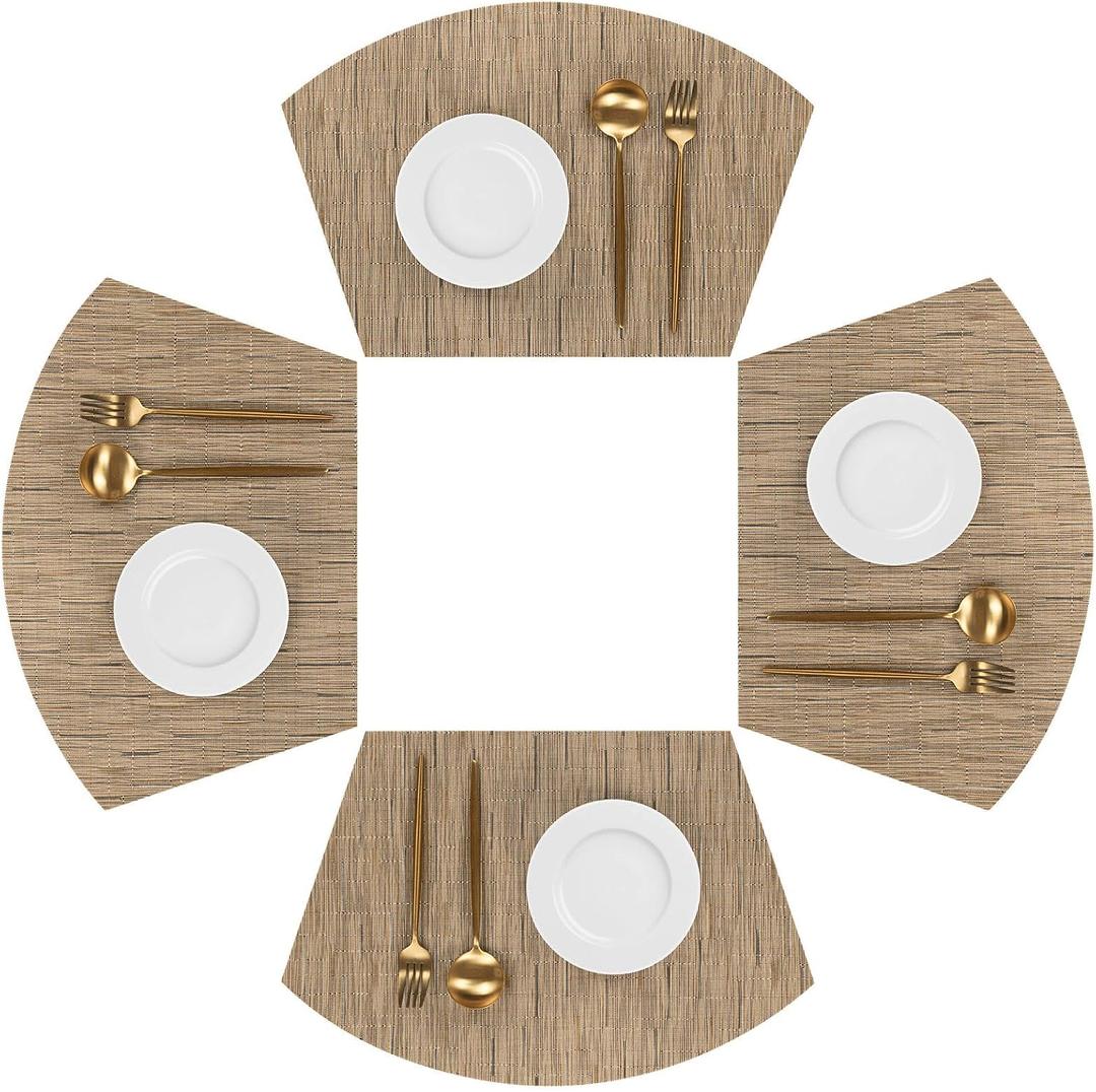 SHACOS Wedge Shape Placemats Set of 4 Woven Vinyl Placemat for Round Table Curved Place Mats Wipe Clean Kitchen Dining Table Mats (4, Tan)