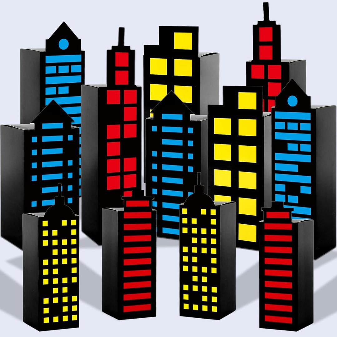12Pcs Skyscraper City Party Favor Boxes for Super Themed Hero Party Decorations City Skyline Buildings Treat Boxes Super Themed Hero Party Candy Goodies Boxes for Boys Girls Birthday Party Supplies