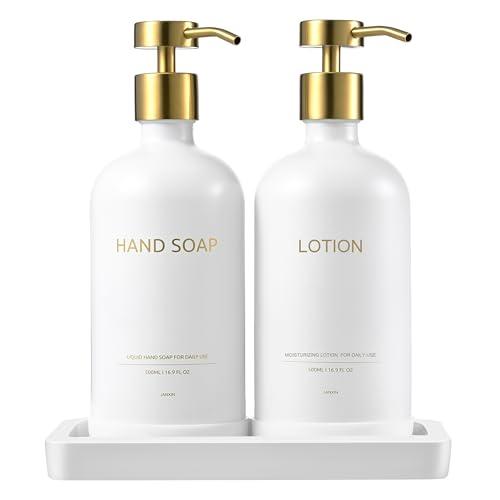 Janxin Glass Kitchen Soap Dispenser Set with Ceramic Tray,16.9 floz Hand and Dish Soap Dispenser for Kitchen and Bathroom Decor (White + Gold(Lotion))