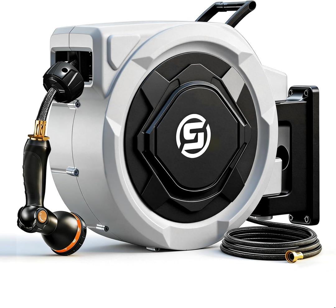 SUNPOW Retractable Garden Hose Reel - 5/8in x 100ft Heavy Duty Wall Mounted Hose Reel with 3/4in Brass Fitting & 10 Function Nozzle - Any Length Lock, Auto Rewind System, 180Swivel Bracket - Gray