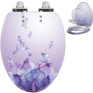 Elongated Resin Toilet Seat Purple Bathroom Decor, Slow Quiet-Close Lid and Seat Heavy Duty for Standard Toilets, Easy Installation & Cleaning (19 Inch,Purple Petals,Upgraded hinge)