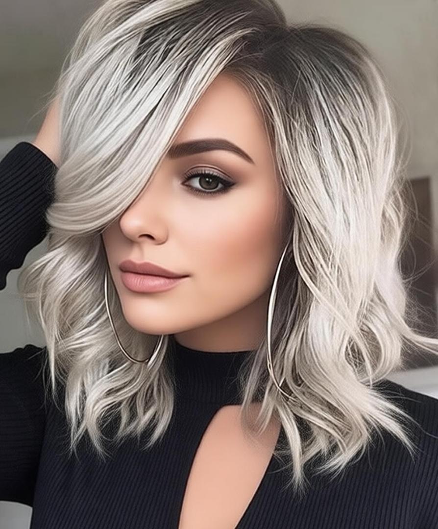 SEVENCOLORS Short Grey Wavy Wigs for White Women Ombre Silver Bob Wig with Dark Roots Synthetic Hair Natural Looking Gray White Wigs