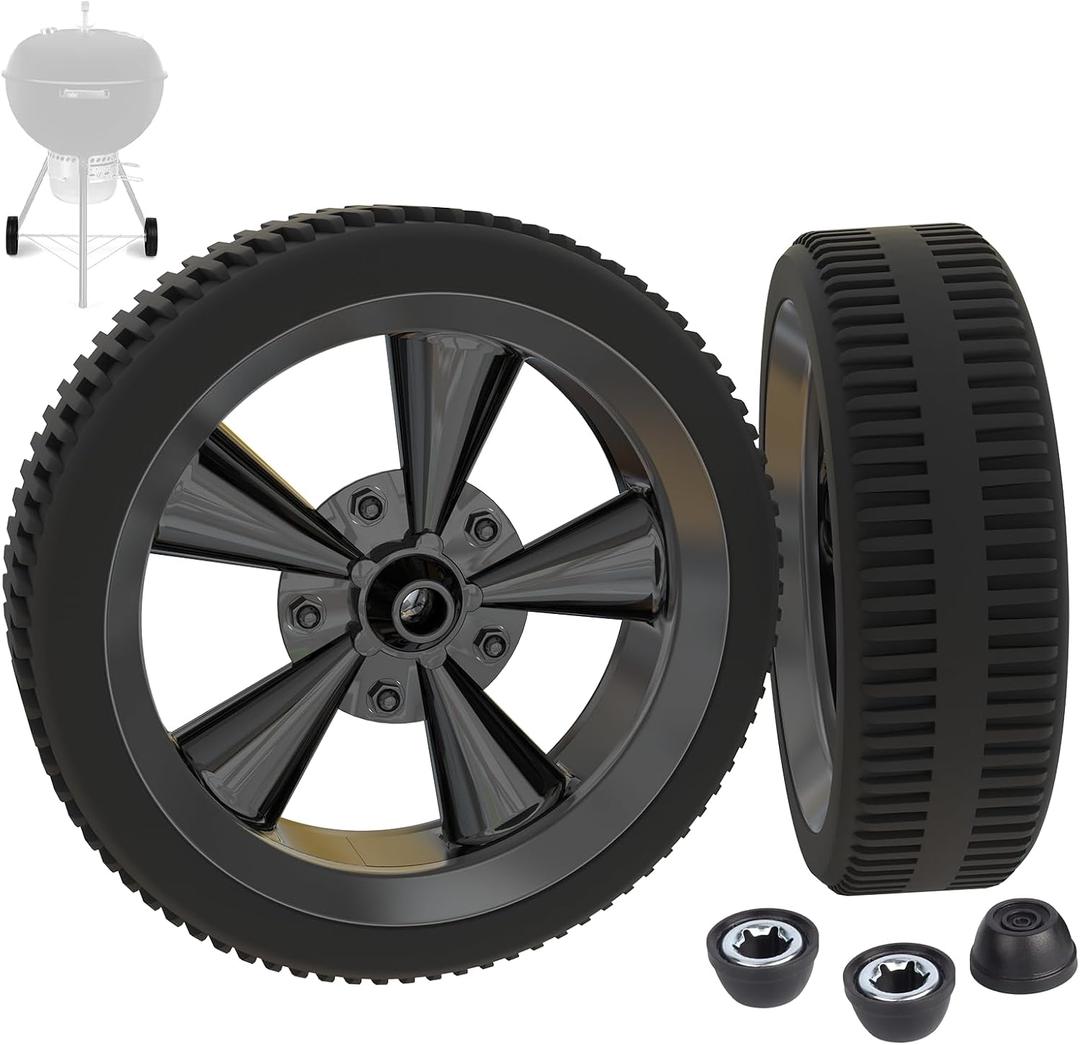 65930 Grill Wheels for Weber Kettle Grill Parts 18/22 inch Charcoal Grill, 6" Wheels for Weber Grill Wheels Replacement Parts 6412 451001 21001 741001 & Most Charcoal Grills w/ 3 Hub Caps, 2PCS, Black