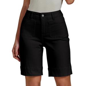 luvamia Bermuda Shorts for Women High Waisted Trendy Patch Pocket Casual Vintage Long Stretchy Denim Shorts Summer Jorts (Large, Black)