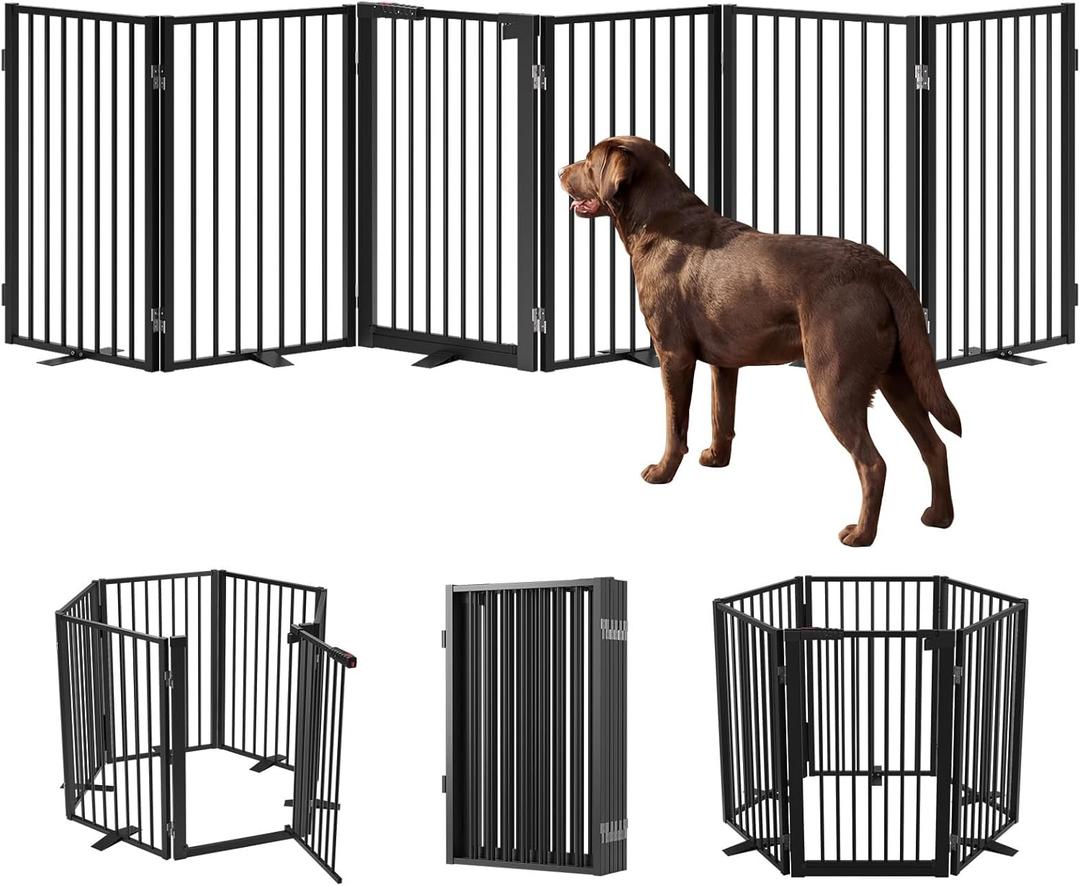Full Metal Free Standing Dog Gate with Door for Indoor & Outdoor,120'' Extra Wide 32'' Tall Dog Gate for The Doorways,Large Openings,Decks,Porch,Pet Freestanding Safety Fence(6 Panels,Black)