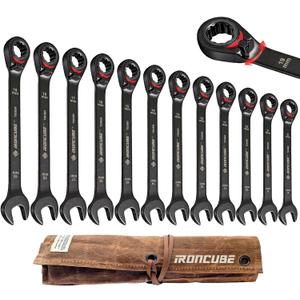 ironcube Reversible Ratcheting Wrench Set: 12-Piece Metric 8-19mm - Tough Black - Wax Canvas Storage Bag - Automotive and Motorcycle Repair Tools