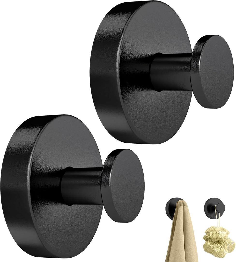 STWWO Suction Cup Hooks for Shower, Heavy Duty Towel Hooks for Bathroom Walls No Damage, Modern Shower Suction Hooks for Kitchen Wall, Glass, Mirror, Tile, Hanging Towels Robes, Black (2 Pack)