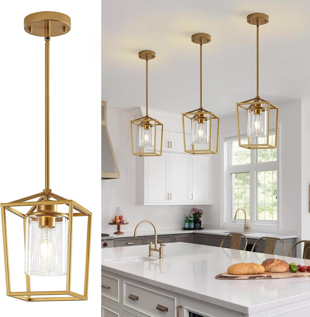 3 Pack Gold Pendant Lights, Modern Farmhouse Kitchen Pendant Lighting Over Island, Metal Cage Hanging Lights with Clear Glass Shade for Kitchen Island, Dining Room, Entryway, Hallway