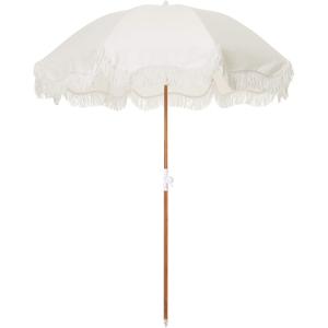 Business & Pleasure Co. Holiday Umbrella - Boho Beach Umbrella with White Fringe, UPF 50+, 1" Tilting Wood Pole, 5 x 6.5 Ft, Antique White