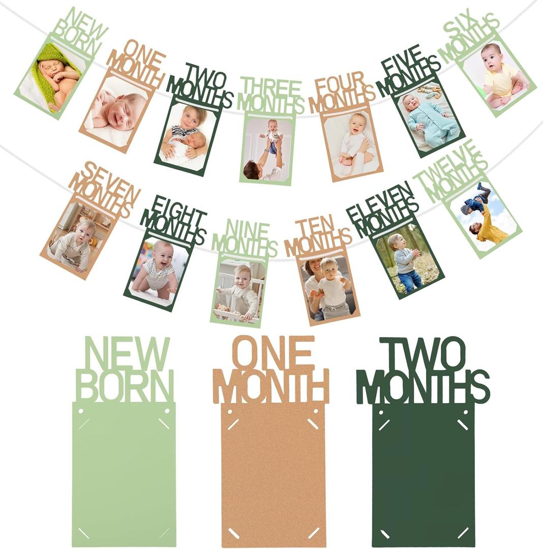 Buryeah Green and Kraft 1st Birthday Photo Banner for Baby from Newborn to 12 Months One Year Photo Garland with Frame First Birthday Banner Decorations for Girl Monthly Milestones Garland