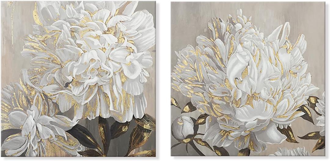 Goldfoilart Flower Wall Art Floral Decor Modern White Blooming Pictures with Gold Foil Paintings Framed Artwork for Living Room Bedroom Kitchen Decorations 24" x 24" x 2 Pcs, 24x24 Inchx2 pcs