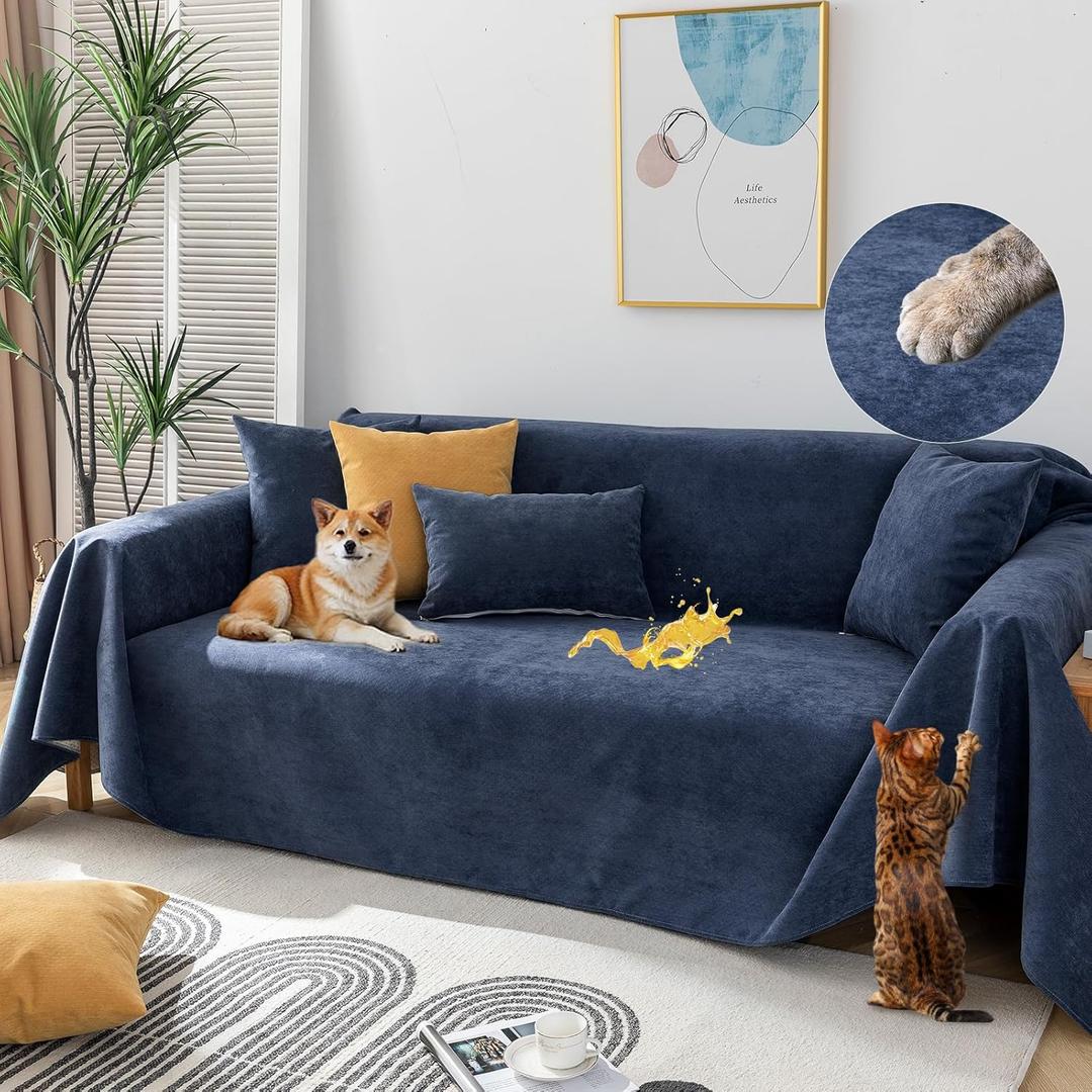 Couch Cover for 2 Cushion Couch Sofa Pet Friendly, Water Resistant Anti Cat Scratch Furniture Protector Sectional L Shaped Sofa Slip Cover for Dogs Washable, Navy Blue 71" x 118"