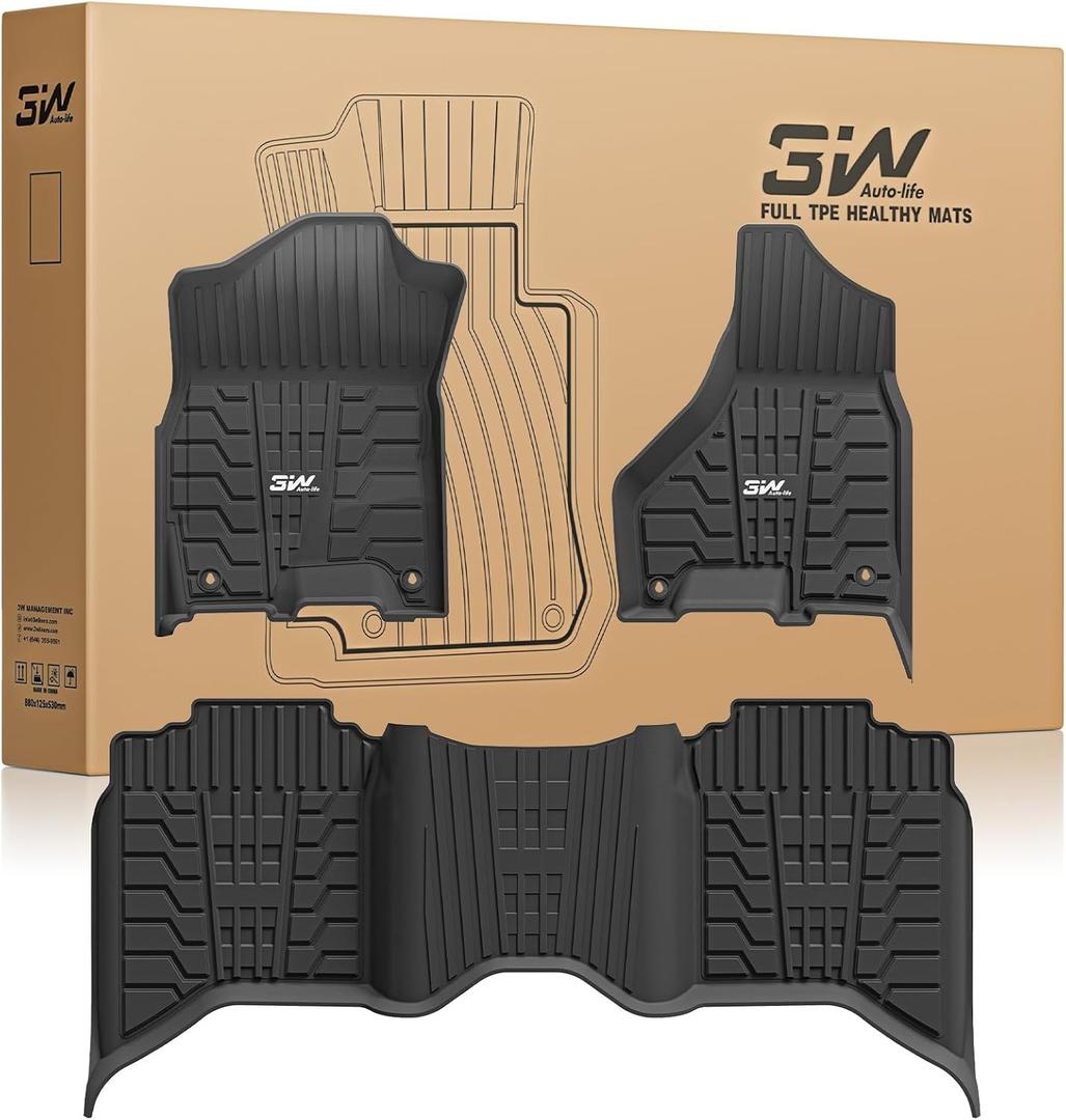 3W Floor Mats for 2019-2025 2026 Ram 2500/3500 Crew Cab with Bucket Seat (Not for PTO KIT Models), All Weather TPE Custom Fit Dodge Ram 2500/3500 Floor Liners 1st & 2nd Row (for Carpet Floor), Black