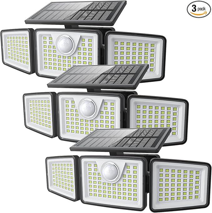 2500LM Solar Lights Outdoor with Motion Sensor,3 Head 270° Wide Angle Street Area Lights,IP65 Waterproof Security Lighting with 3 Modes(Remote,3 Pcs)