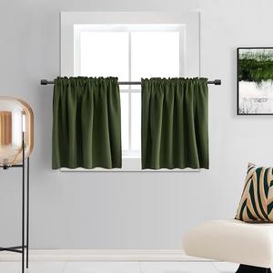 DONREN 38 Inch Length Olive Green Tier Curtains- 2 Panels Blackout Thermal Insulating Small Valance Curtains for Kitchen Rod Pocket Top (34 Inches Wide by 38 Inches Long)