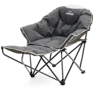 Upgrade Oversized Padded Comfy Camping Chair with Removable Leg Rest, Gray | Adjustable Cup Holder,Built-in Comfy Foam Armrest Supports,Heavy Duty Outdoor Round Folding Chair for Camping, Carry Bag
