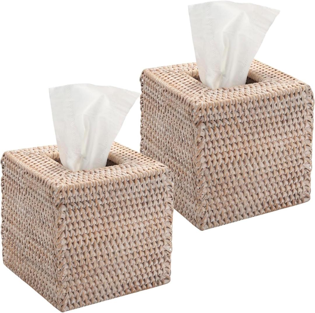 2 Pack Rattan Tissue Box Cover Square, Wicker Tissue Box Holder, Decorative Woven Facial Tissue Holder for Bathroom, Kitchen, Living Room, Bedroom (5.5 x 5.5 x 5.7 inch, Whitewash)