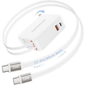 2026 UpgradeSUPERONE 4 in 1 Retractable Wall Charger Plug with Dual USB C Cables 3.3FT (Longest Retractable), 35W Fast Charging Retractable Phone Charger for iPhone 17/16/15/14, iPad, Galaxy, Pixel