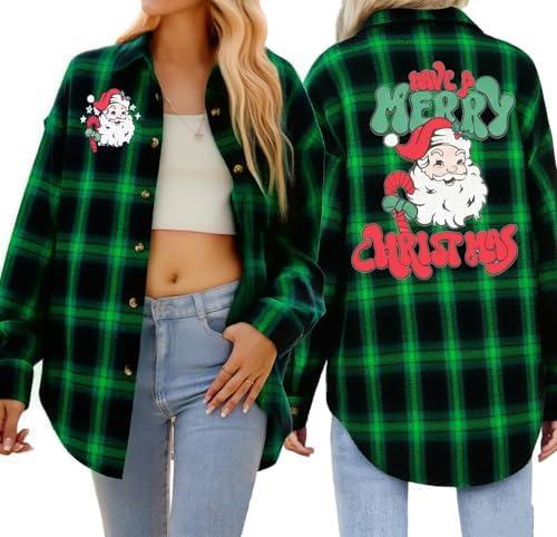Christmas Plaid Blouses Women Xmas Santa Long Sleeve Shirt Checked Cute Christmas Collared Button Down Tops, Size L