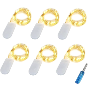 Fairy Lights CR2032 Battery Operated,6.6Ft/2Meter 20 LEDs Micro Silver Wire String Lights for Bedroom Christmas Party Wedding Decoration (Warm White, 6 Pack)