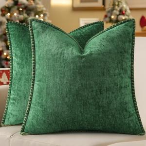 decorUhome Spring Chenille Soft Cozy Throw Pillow Covers 18x18 Set of 2, Modern Farmhouse Boho Velvet Decorative Pillow Cases with Stitched Edge for Couch Sofa Bed Home Decor, Green