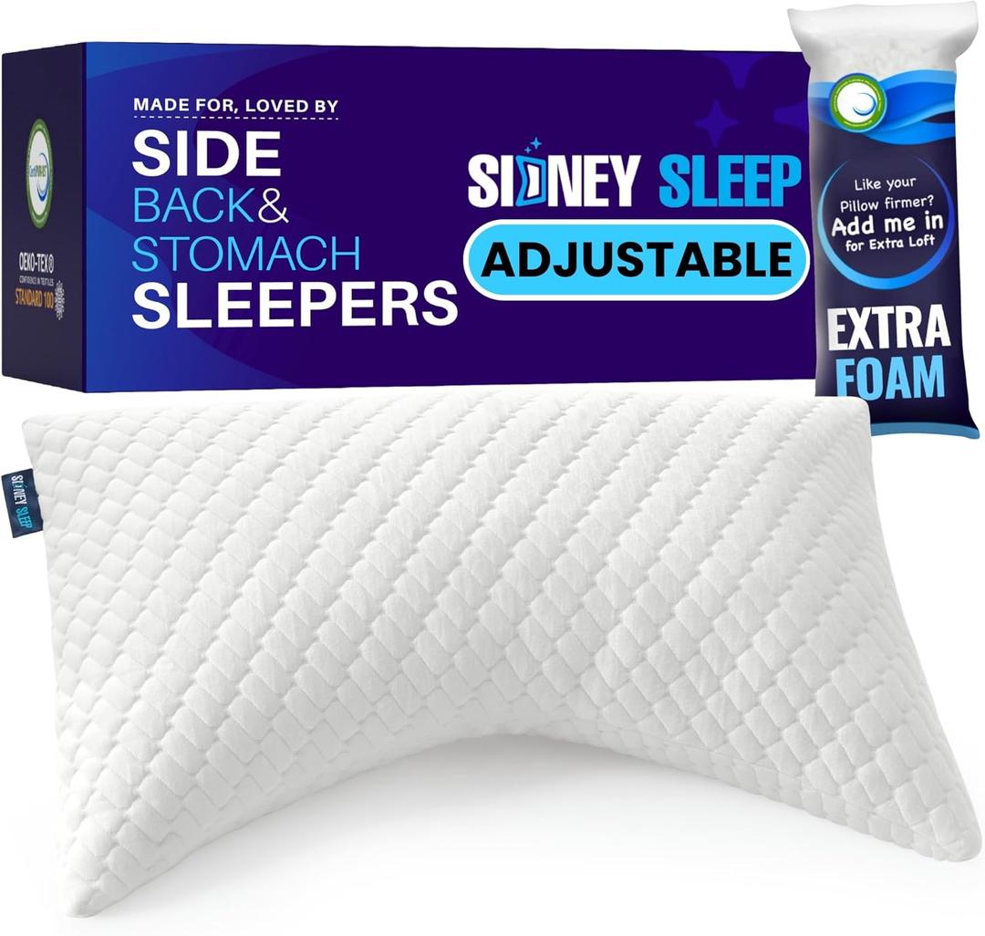 Sidney Sleep Pillow for Side and Back Sleepers - Comfort for Neck and Shoulder Pain - Adjustable and Customizable Shredded Memory Foam Filling - Queen Size - Additional Foam Fill Included (White) (Queen (Pack of 1), White)