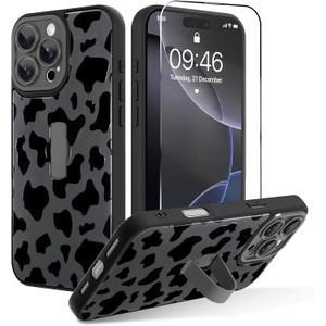OOK for iPhone 16 Pro Max Case with Screen Protector, Cute Cow Print Design with Adjustable Finger Strap Kickstand Full Body Protection for Women Men Phone Cover-Black